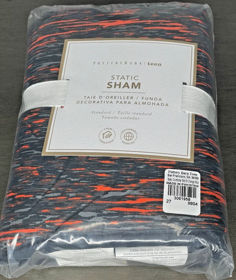 Pottery Barn Teen Static Sham 双面标准枕头灰色黑色橙色新品 — 第 2/4 张图片