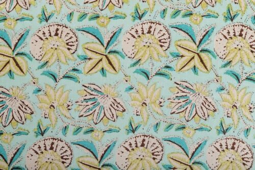 Indian Hand Block Print Cotton Fabric Floral Green & Blue 10 Yard Boho Craft - Afbeelding 1 van 3
