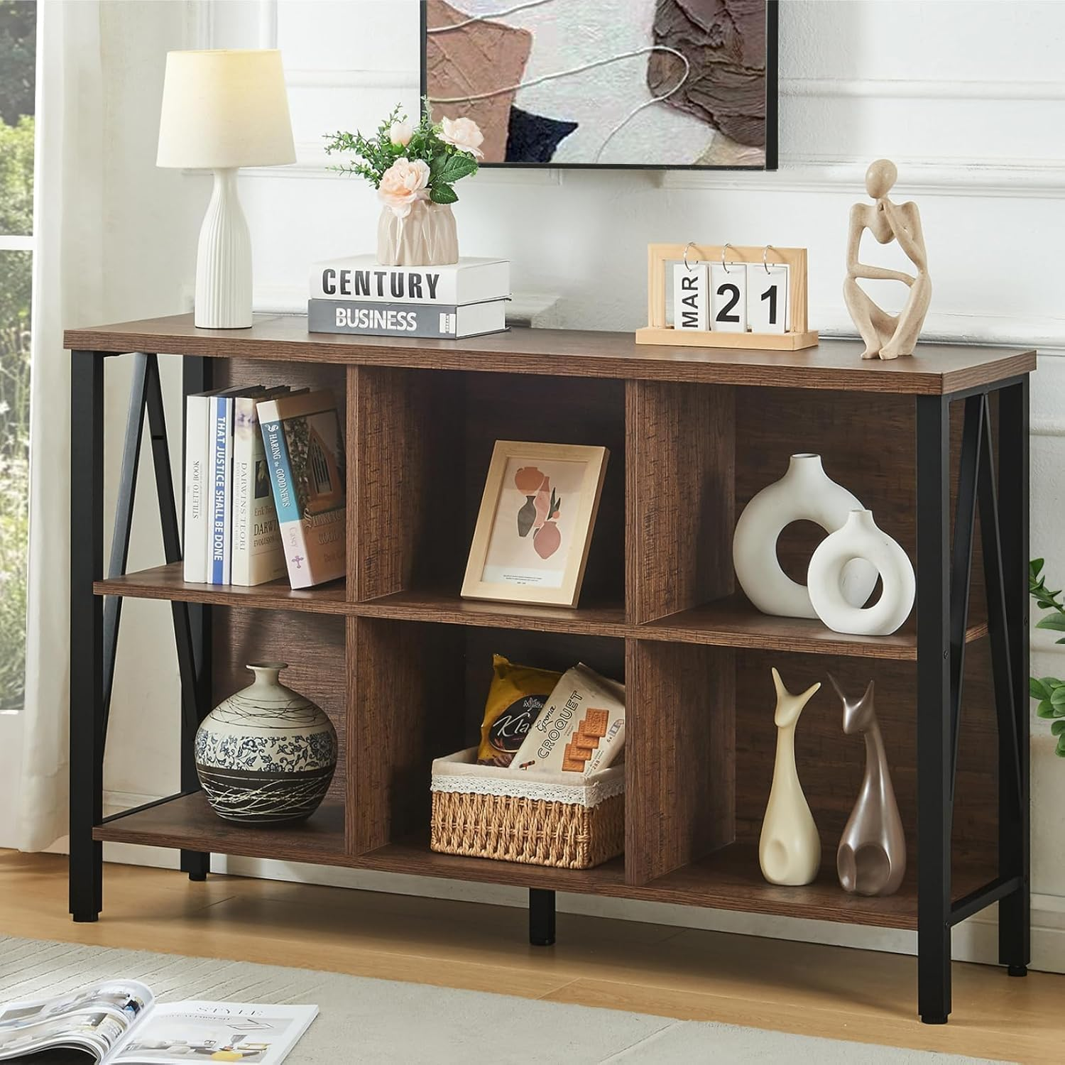 Rustic industrial 6-cube storage organizer shelf, short wide bookshelf for home decor-image