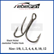 rebelFIN Jawlocker Treble Hooks - Black Nickel - Size 1/0, 1, 2, 4, 6, 8, 10, 12