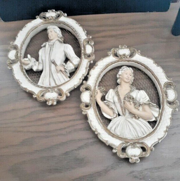 Universal Statuary Corp VTG 1958 Victorian Couple Wall Plaque Pair