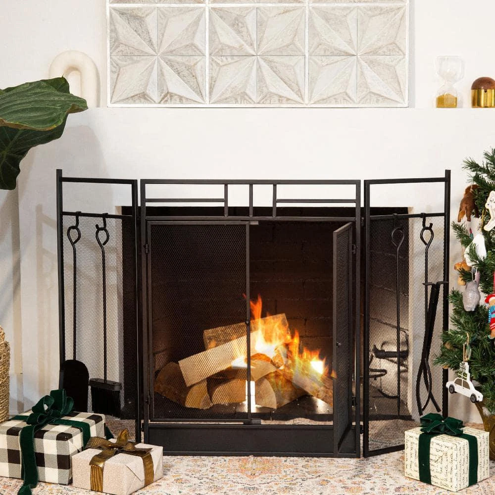 4-Panel Wrought Iron Fireplace Screen Fire Spark Guard Hinged Doors with 4  Tools | eBay