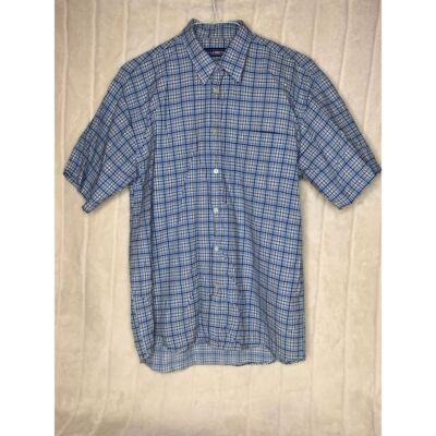 Lerros Shirt Mens L Blue Check Plaid Button Down Short Sleeve 100% Cotton