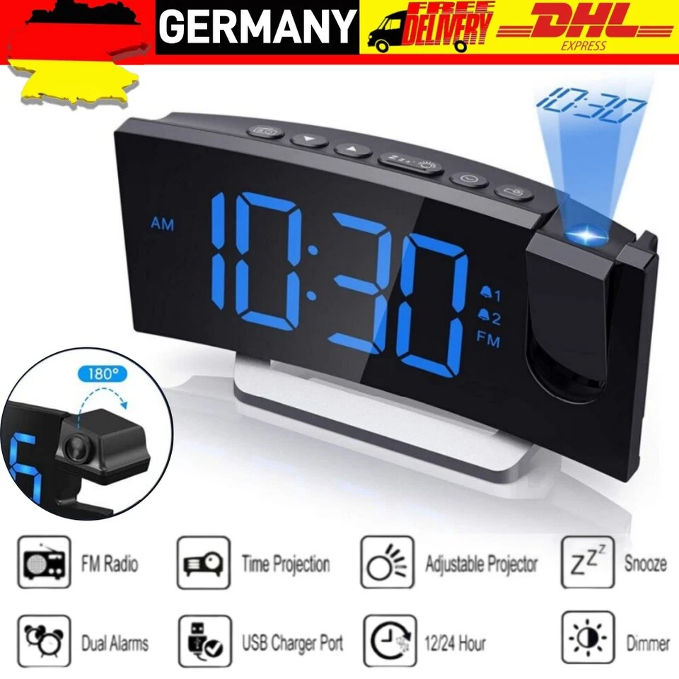 LED FM Radiowecker mit Projektion Digital Funkuhr Dimmbar Tischuhr Alarm USB NEU - Bild 2 von 4