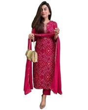 Women's Rayon Viscose Straight Bandhej Printed Kurta with Pant  Dupatta