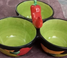 Clay Art Condiment Bowls 3 Section Condiment Salsa Chili Pepper