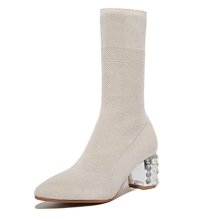 Fashion Womens Sexy Pointy Toe Stretchy Woven Woven Woven Ankle Boots Pearls Block Heels dd74c9 Fashion Womens Sexy Pointy Toe Stretchy Woven Woven Woven Ankle Boots Pearls Block Heels dd74c9