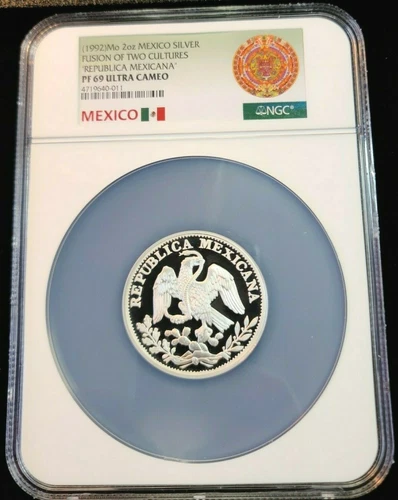 1992 MEXICO SILVER 2 ONZA REPUBLICA MEXICANA NGC PF 69 ULTRA CAMEO RARE TOP POP