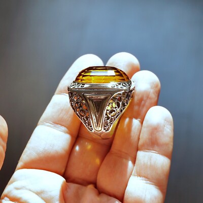 Silver Mens Ring big Citrine Sterling 925 Bold Solid Artisan