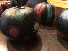 Halloween Pumpkins Decoration Black With Glitter Stripes And Polka Dots Set Of 5