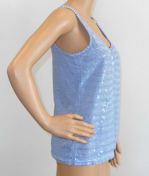 J. Camiseta sin mangas CREW lentejuelas brillantes azul blanco a rayas 100 % algodón Henley usada en excelente estado Foto 3 de 4