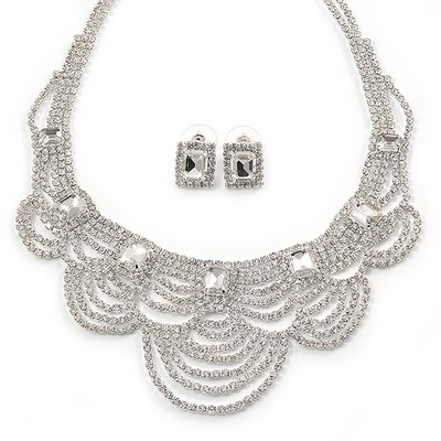 Braut, Hochzeit, Abschlussball klare österreichische Kristall Lagenlook Halskette und Ohrstecker