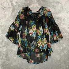 BKE Boutique Women Whimsigoth Floral Chiffon Sheer Hi Low Bell Sleeve Top S