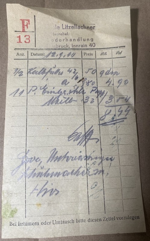 1944 WWII Era Store Receipt - Adele Litzellachner Innsbruck Austria - Leather
