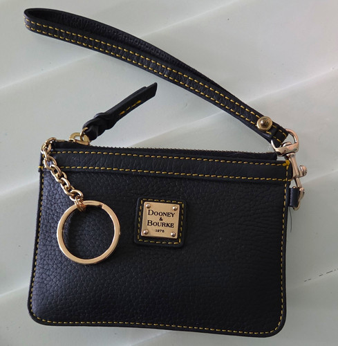 Dooney & Bourke Black Wristlet Wallet Zip Pouch Logo Key Ring Credit Card