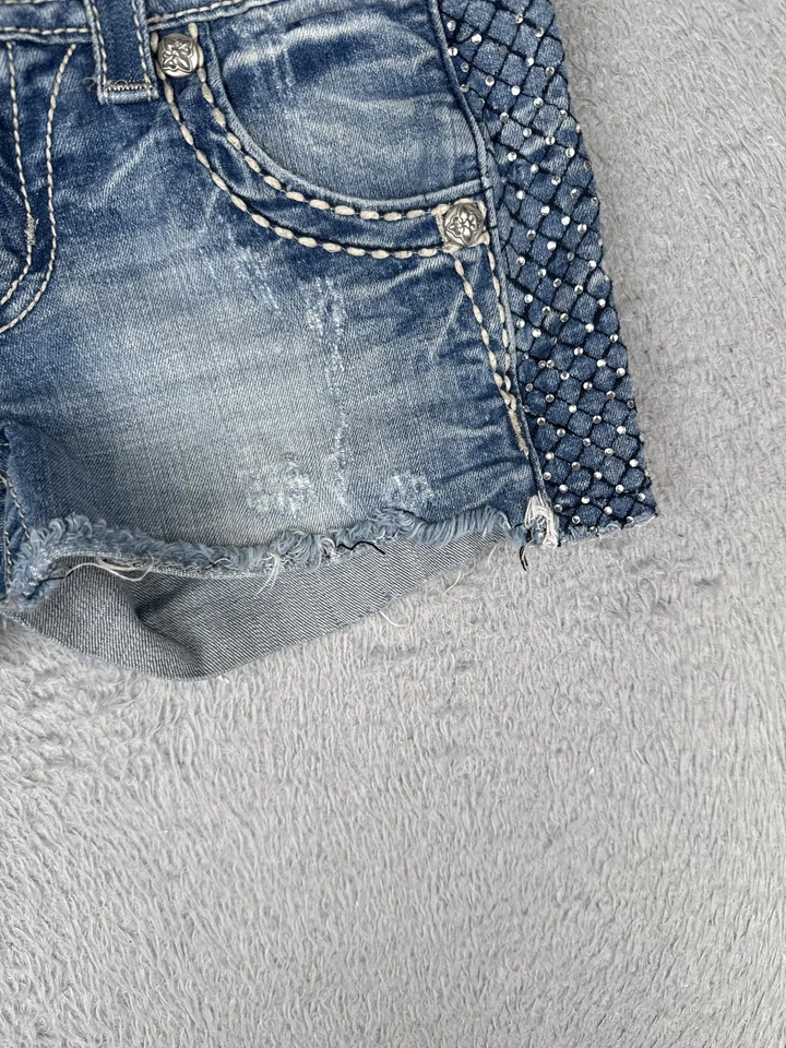 Pantalones Cortos Miss Me Para Mujer 26 Azul Denim Estrás Tachonado Lateral Dobladillo Crudo JPS826H Foto 2 de 4