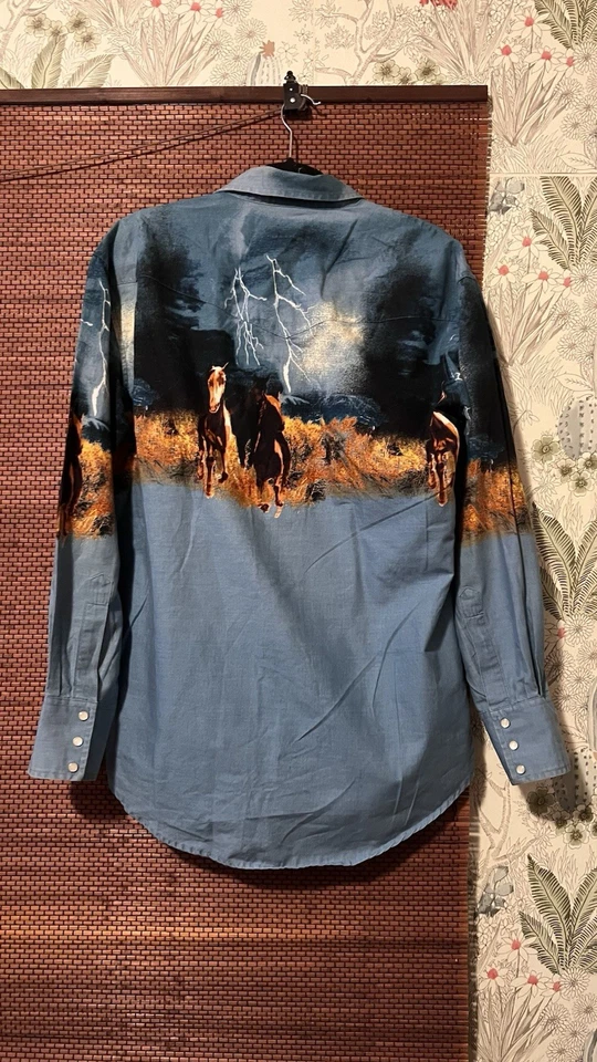 VTG Wrangler Western Shirt Scenic Horse Print Art Pearl Snap M/L Cowboy - Image 2 of 4