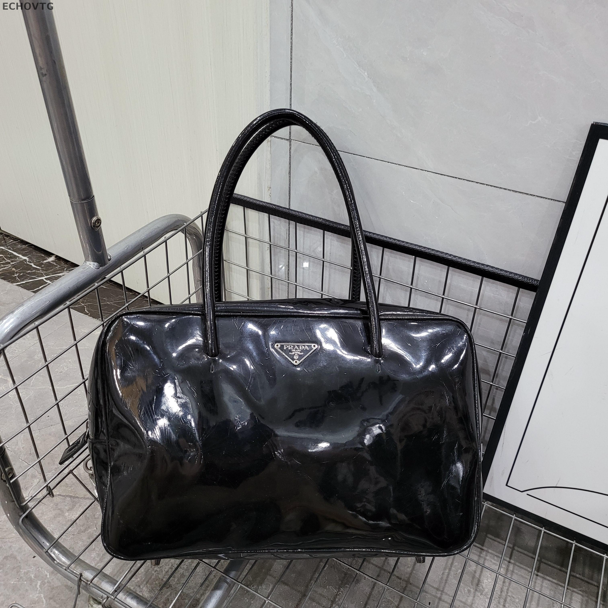 Prada Vintage Black Silver Patent Box Shoulder Handbag Women | eBay