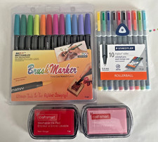 LOT OF 4 STAMPING ACCESSORIES INCL/ BRUSH MARKERS, STAMP PADS,  ROLLER PENS