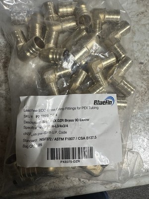Bluefin 3/4'' DZR Brass Elbow Crimp-to-PEX Barb Fittings, Bag of 25, PXE075-DZR