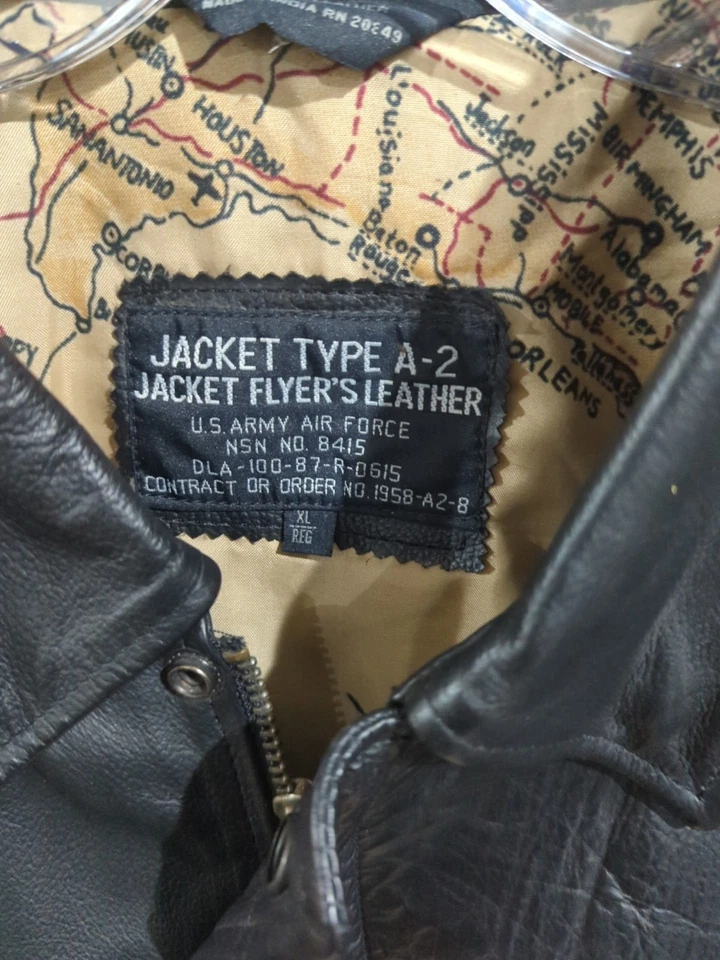 Vintage Men’s Sz XL Tall Saddlery Goatskin Leather Bomber A-2 Flight Jacket USAF - Image 2 of 4