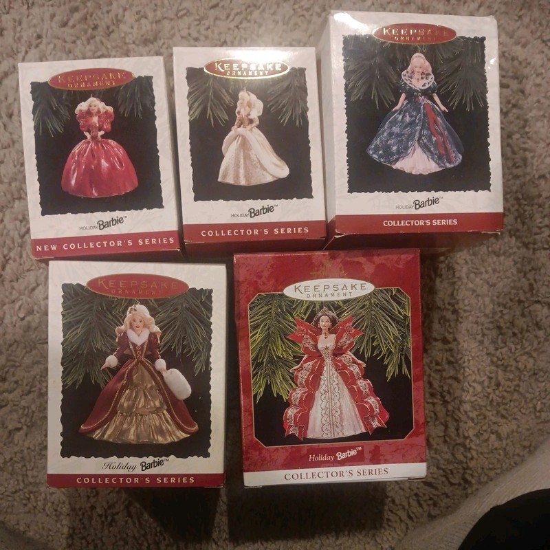 Vtg Lot of 5 Hallmark Keepsake 1993-1997 Holiday Barbie Doll Christmas Ornaments