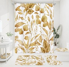 4 Piece Elegant Plant Design Shower Curtain Set With Floor Mats Toilet Cover