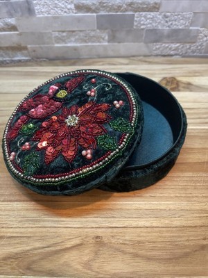 Green Crushed Velvet Covered Tinker Box Red Beaded Bird & Flower/Gold Bead Trim