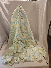 Crocheted Handmade Baby Afghan with Newborn Sweater and Cap Or Bonnet Vintage