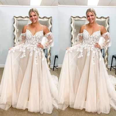 Beach Wedding Dresses with Detachable Sleeves Lace Sweep Train Bridal Gown  | eBay