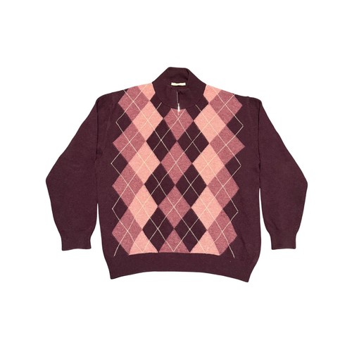 Ermenegildo Zegna Mens XXL Argyle 100% Wool Quarter Zip Sweater Burgundy Italy