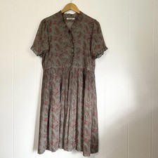 Vintage Bon Check Floral Paisley Crinkle Ruffle Knee Length Dress Women's Large