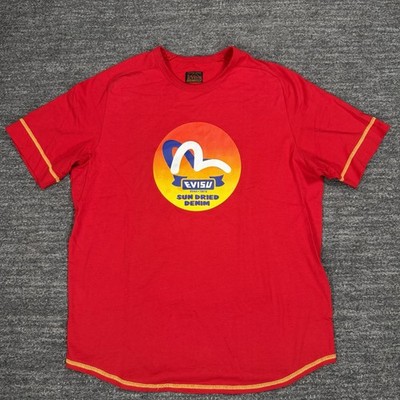 Evisu T-Shirt Men Medium Red Logo Sun Dried Denim Japanese Streetwear Tee Jersey