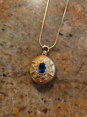 Gold Locket Pendant Necklace With Blue Gemstone