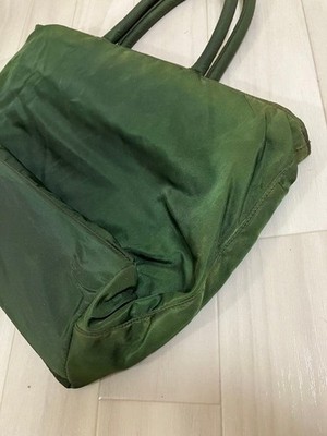 Auth PRADA Tote Bag Handbag Dark Green Triangular Logo Tessuto