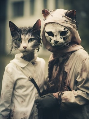 Störende Zombie Katze Duo - Horror Untote Felines gruselig Wandbild Deko A1-