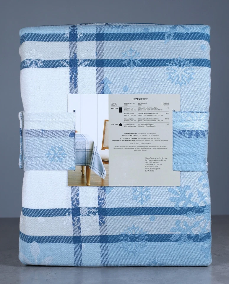 Christmas Fabric Tablecloth Blue Plaid Snowflakes Cotton Blend 60x120 Martha Ste - Image 3 of 4