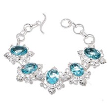 Aqua Aquamarine Gemstone Handmade 925 Sterling Silver Jewelry Bracelet Sz 7-8"