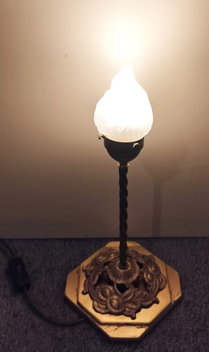 Antique Art Deco Empire French Table Lamp Brass Flamed Glass Shade Stepped Base - Picture 2 of 11