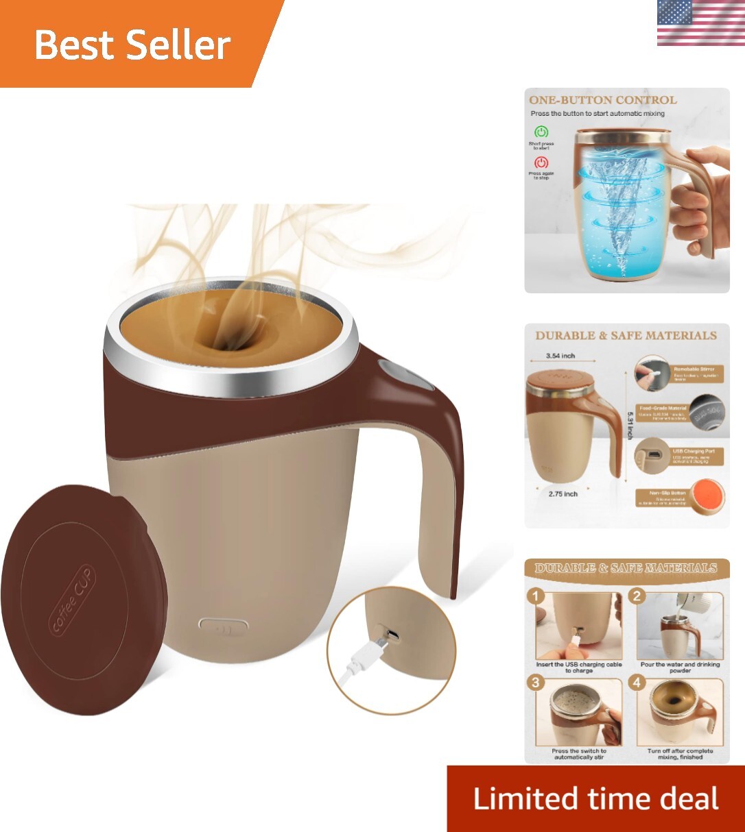 Insulated Self Stirring Coffee Mug with Rechargeable Magnetic Stirrer for Travel and Home Use