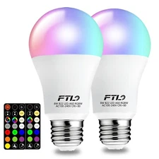 2-PCS Color Changing LED Light Bulb with Remote Control 8W A19 Dimmable RGB Bulb