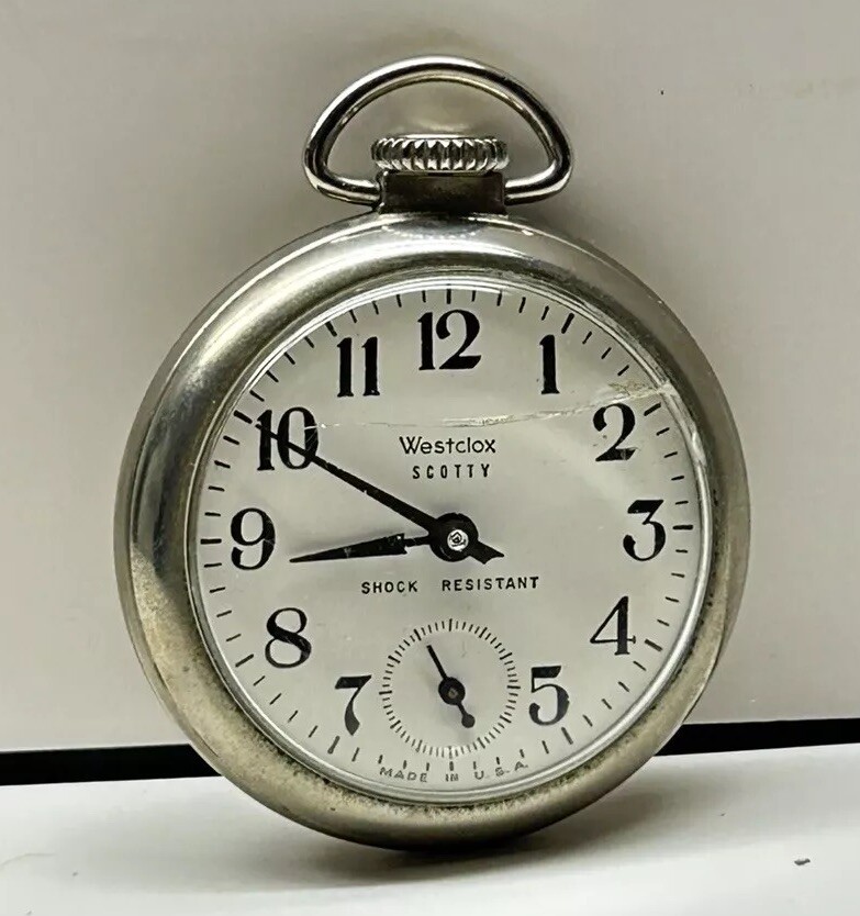 Vtg Westclox Scotty Pocket Watch Style 3 Nickel Manual Wind Very