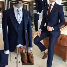 Navy Blue Men's Slim Fit Suit Peak Lapel Prom Party Groom Tuxedos Wedding Suits