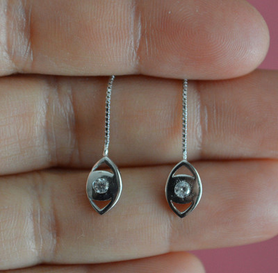 925 Sterling Silver CZ Eye Long Thread Pull Through Dangle Earrings, Eye Earring
