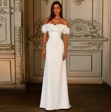 Simple Wedding Dress Customized Off Shoulder Boat Neck Flowers Beading Sweep