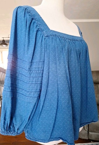 Madewell Denim Square-Neck Pleated Sleeve Top Boho Festival Style Large Womens - Picture 3 of 8