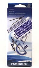 10pc Math Set Instruments Metal Case Protractor ABC Stencil Set Squares Compass