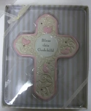 NEW AMSCAN INC BLESS THIS GODCHILD CERAMIC CROSS-PINK