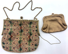 Petite Point Tapestry Handbag Purse Enamel Vintage w/ Coin Purse Attached
