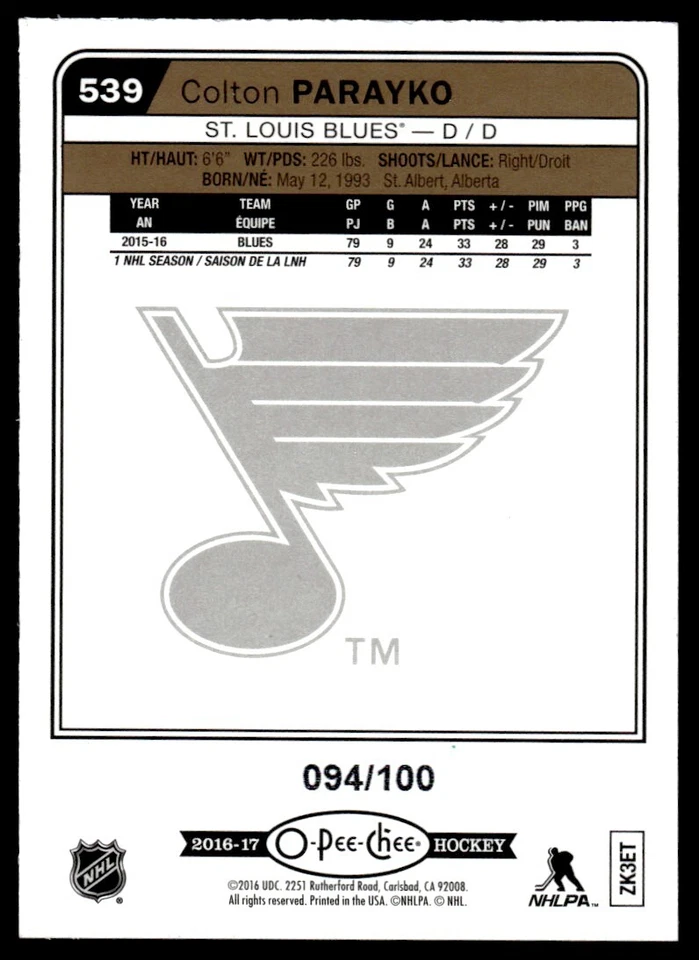 2016-17 O PEE CHEE BLACK RAINBOW FOIL /100 Colton Parayko St. Louis Blues #539 - Image 2 of 2